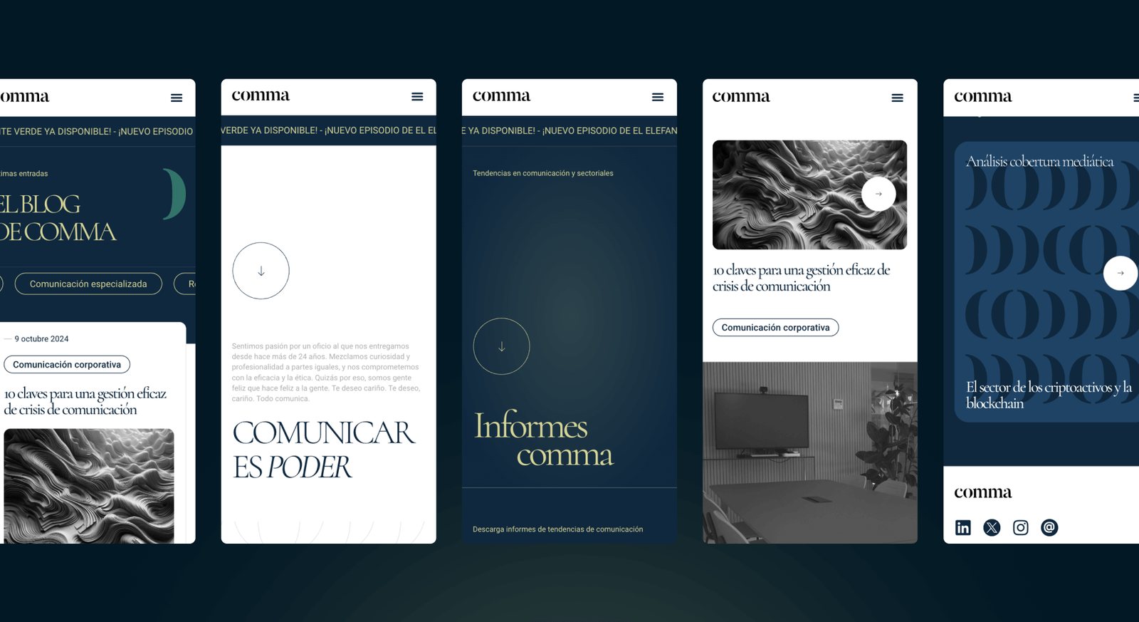 Cinco pantallas móviles de Agencia Comma: blog, manifiesto, informes y pie.