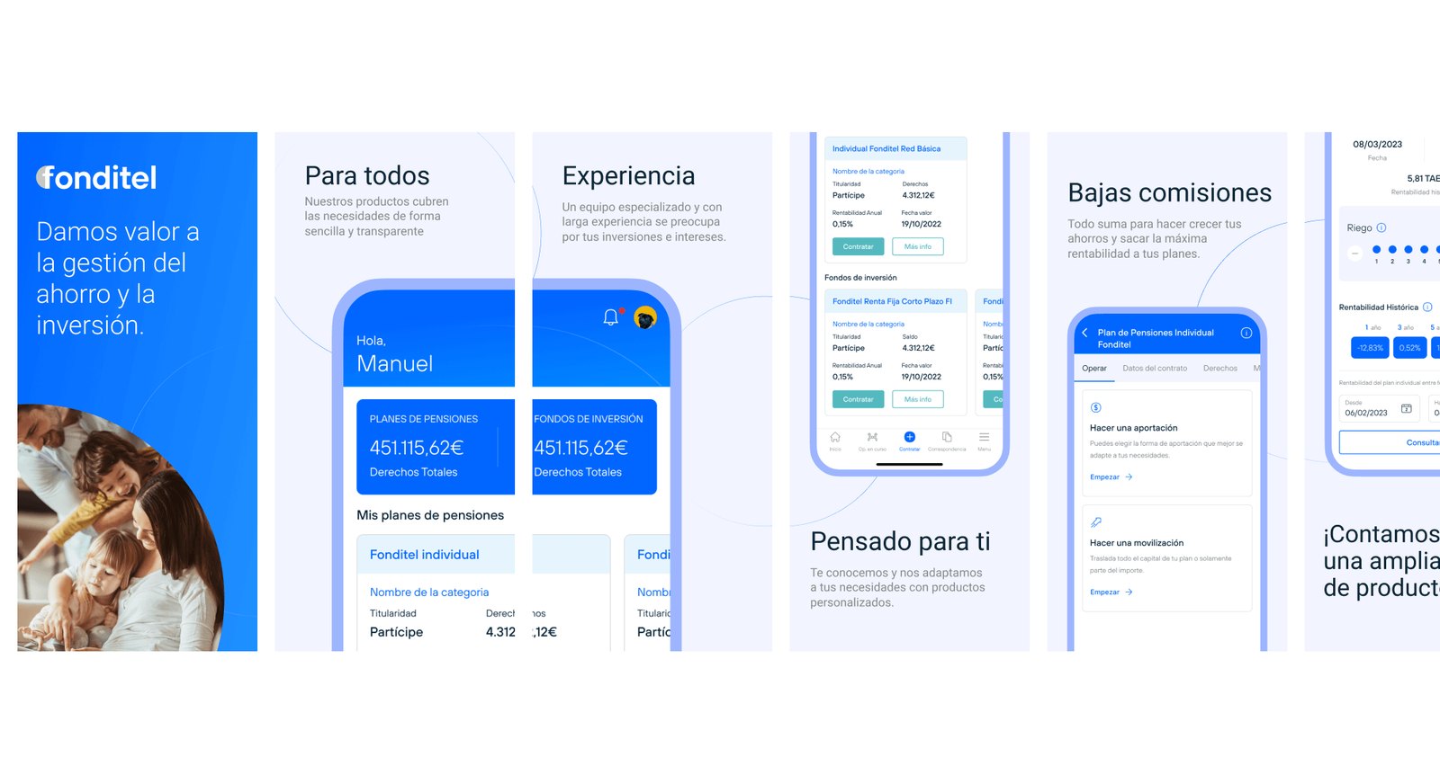 Recorrido de la app Fonditel: productos, experiencia y operativa.