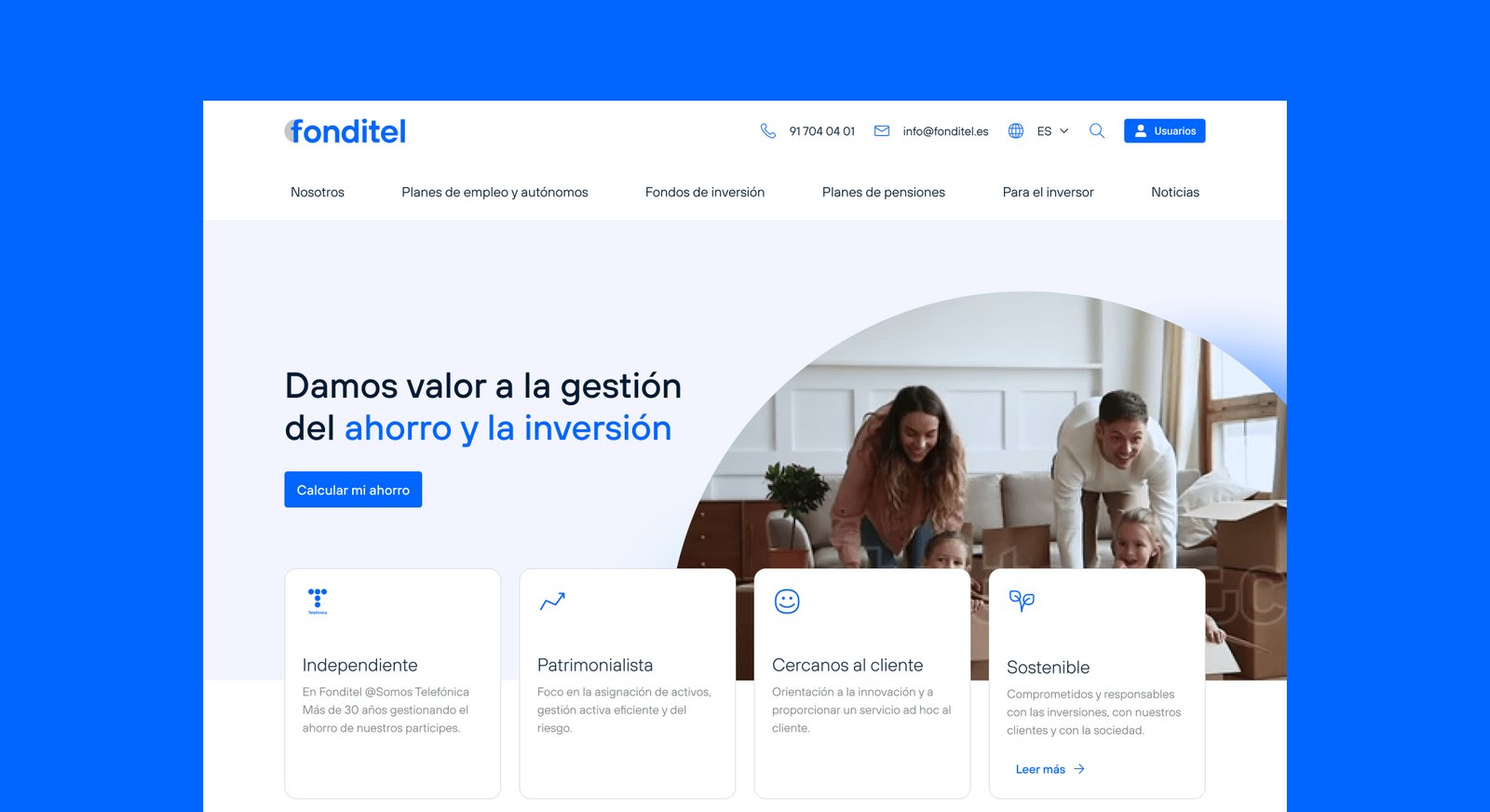 Web promocional de Fonditel: gestión del ahorro y la inversión.